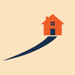 An abstract illustration depicts a stylized orange house with a dark blue curved path, symbolizing a journey or growth on a light background.