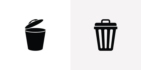 Black Solid Fill Trash Can with Lid Open and Closed, Icon on Transparent Background