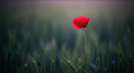 Red poppy flower blooming in a green field with dewdrops and a small beetle on a plant in early morning