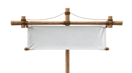 Rustic wooden signpost with a blank white banner, perfect for customizable messages and announcements isolated on transparent background