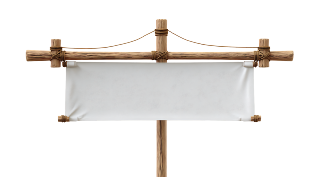 Rustic wooden signpost with a blank white banner, perfect for customizable messages and announcements isolated on transparent background
