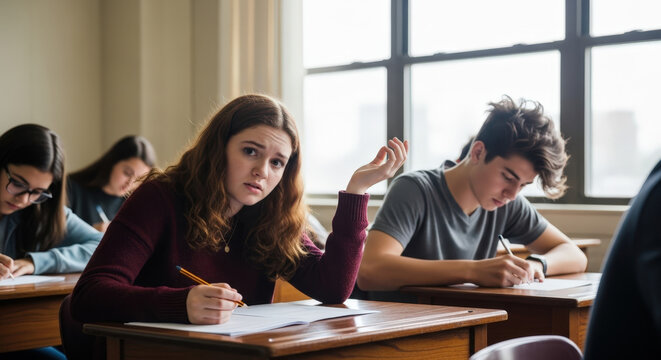Confused female student looking at camera and gesturing with hand in a classroom during daytime class - Powered by Adobe