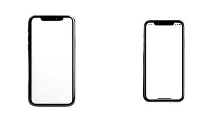 Two modern smartphones side by side with blank white screens, isolated on transparent background