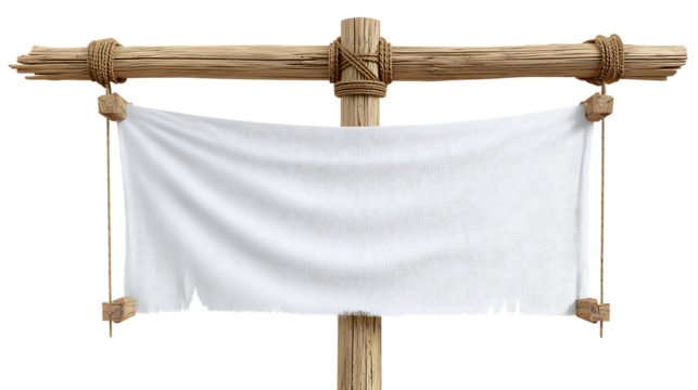 Rustic wooden pole with rope and a white fabric banner hanging, isolated on transparent background