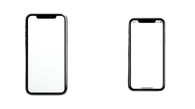 Two modern smartphones side by side with blank white screens, isolated on transparent background