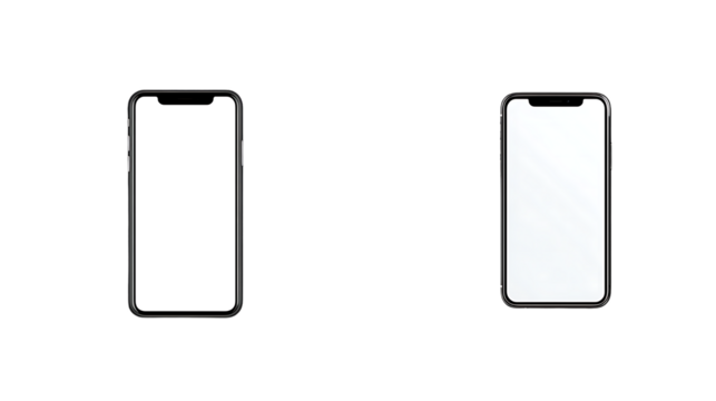 Two modern smartphones with blank white screens, isolated on a transparent background