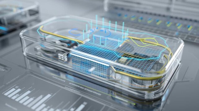 Close-up of transparent energy module with data overlays optimizing charge cycles, refined next-gen storage concept, ai optimized energy storage