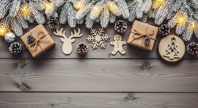 Festive christmas decorations on a rustic wooden surface with lights