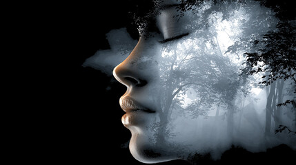 瞑想している女性と森