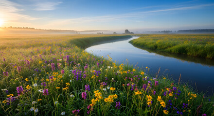 Idyllic Sunrise on a Riverbank Meadow Bursting with Wildflowers and Gentle Mist