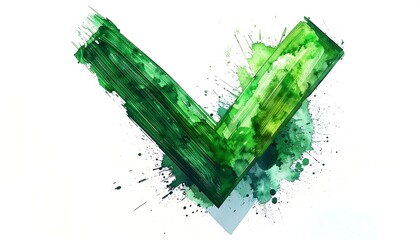 Abstract watercolor tick mark with paint splatter, primarily green, on a white background with faint blue