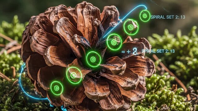 Pinecone Displaying Fibonacci Sequence and Spiral Numbers on Mossy Ground