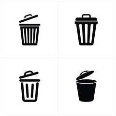Four Black Trash Can Icons on White Background with Lids Shown Open and Closed