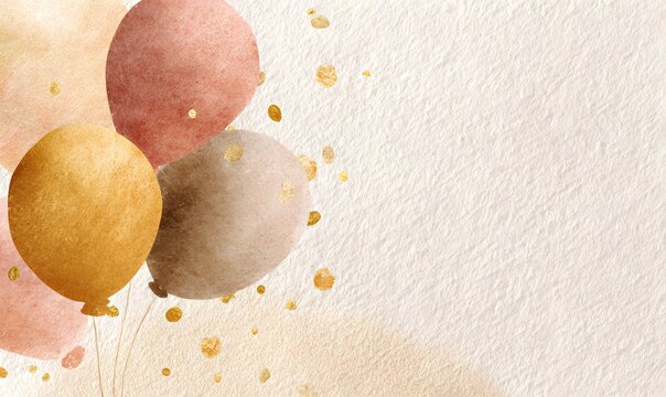 Watercolor birthday gift certificate background, warm beige, champagne and soft gold tones, watercolor confetti and balloons