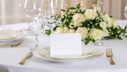 Elegant Table Setting with White Roses Bouquet and Blank Card Invitation