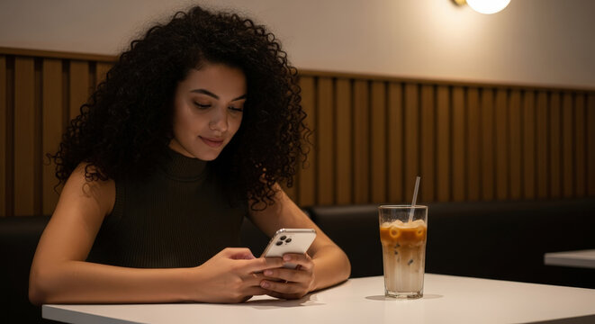 Attractive young woman engrossed in her smartphone while enjoying iced coffee at a modern cafe - Powered by Adobe