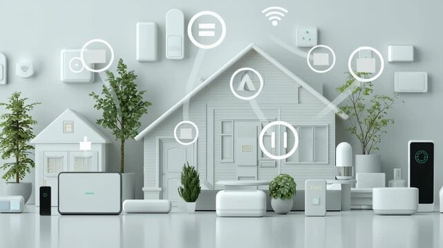 Macro composition of AI agent icons orchestrating multiple home device controls, clean white modern interior, ai powered home automation
