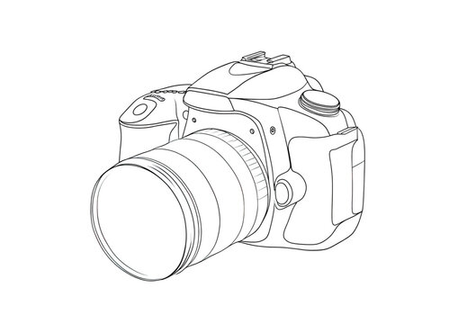 Detailed line art illustration of a modern digital camera with a prominent lens, depicted from a three-quarter perspective.