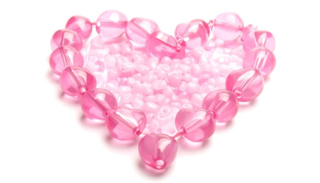 Pink beads arranged in a heart shape, filled with smaller, paler pink beads against a white background