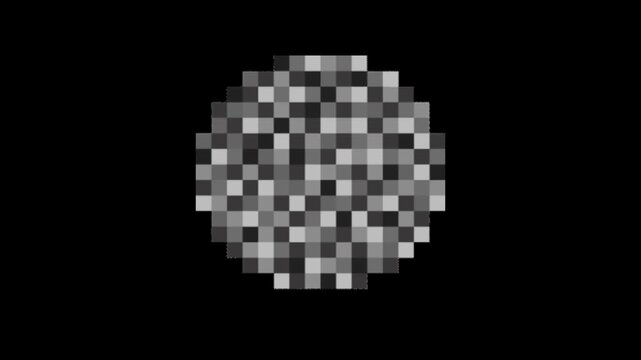 Pixelated black and white circle mosaic on black background with censorship effect isolated on transparent background.