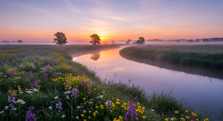 Serene river landscape featuring a vibrant wildflower meadow at sunrise