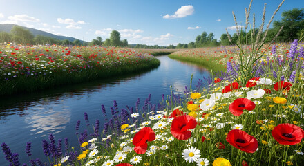 Idyllic landscape of winding river flowing through a vibrant wildflower meadow