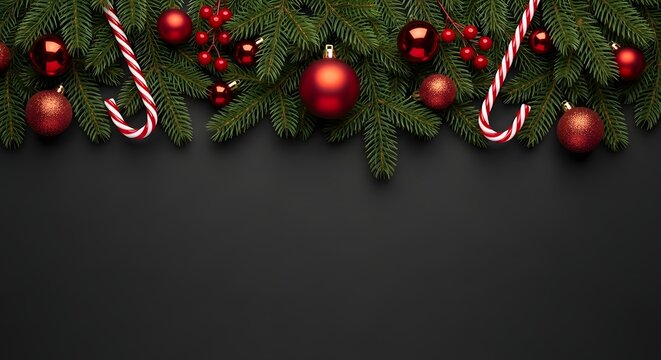 Christmas garland with red ornaments and candy canes on black background