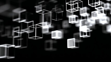 Abstract glowing cubes float in a dark, futuristic digital space, representing data and innovation