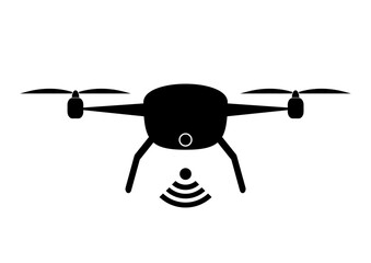 Dron, black vector icon, symbol. Drone with a camera taking photography or video recording.Quadrocopter. Flat design. 