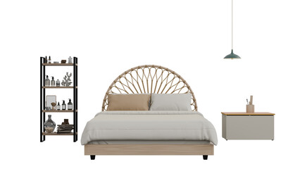 3D Render a bed with a wooden frame and a shelf with bottles © miamiadesign