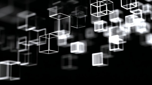 Abstract glowing cubes float in a dark, futuristic digital space, representing data and innovation