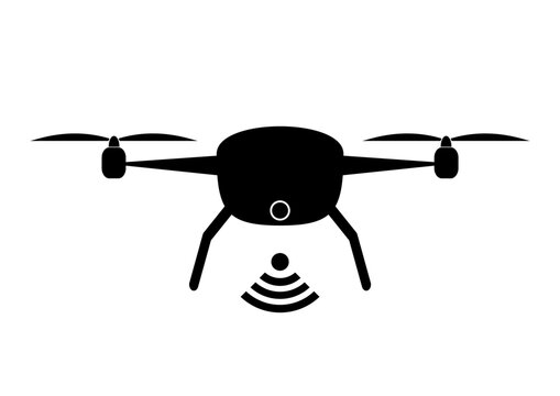 Dron, black vector icon, symbol. Drone with a camera taking photography or video recording.Quadrocopter. Flat design. 