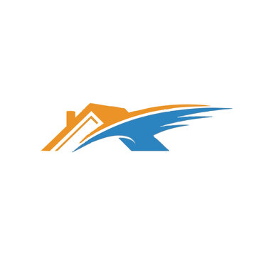 A stylized house logo featuring an orange roof and chimney paired with a blue swoosh, representing home and real estate.
