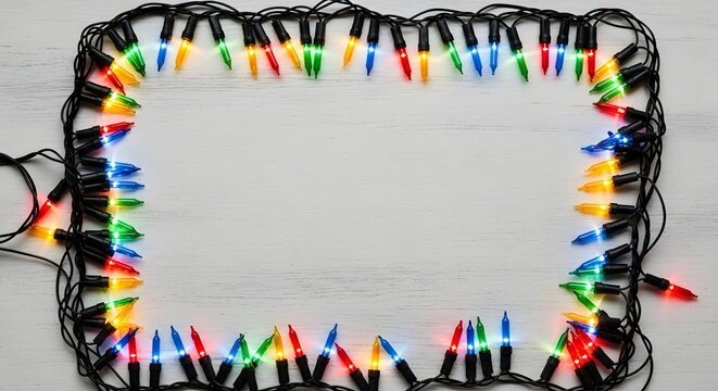 Colorful christmas lights frame on white wooden background