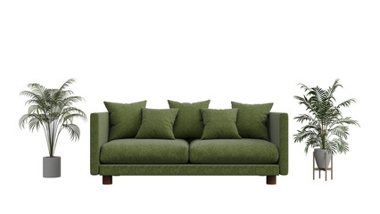 3D Render a green couch with pillows and a potted plant