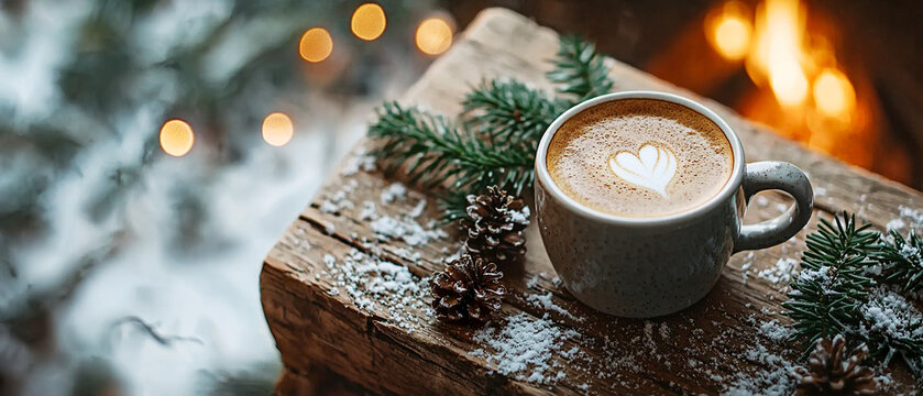 Close-up of a coffee cup with heart foam on snowy wooden surface, pine branches, and glowing fireplace bokeh. Warm cozy winter morning with hygge slow living aesthetic.