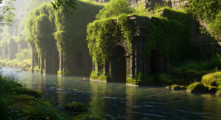 Serene waterway amidst ancient ruins, overgrown with lush vegetation and vibrant greenery