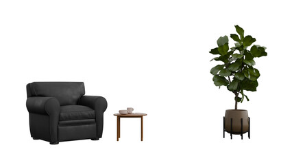 3D Render a living room with a couch chair table and a plant