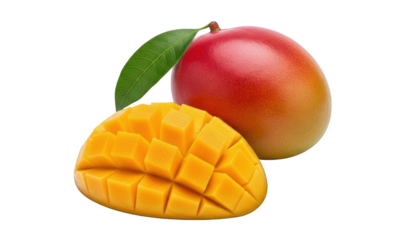 Fresh ripe mango fruit isolated on transparent background, cut in cubes
