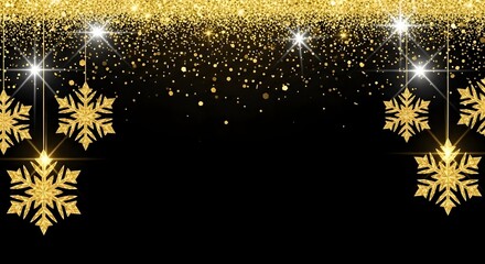 Golden snowflakes and glitter falling on a black background