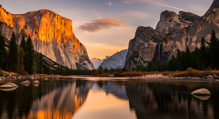 Majestic landscape of granite cliffs and river reflections at golden hour