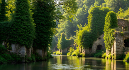 Overgrown river ruins present a scene of natural reclamation and ancient history