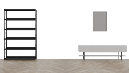 3D Render a room with a white couch and a black shelf