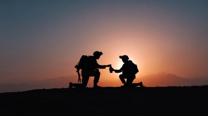 Silhouetted soldiers share a moment of camaraderie at sunset, capturing the essence of teamwork and unity in nature's beauty.