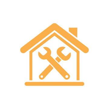 Orange House Icon with Crossed Wrenches Inside, Home Repair Symbol,