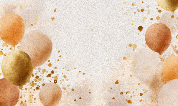 Watercolor birthday gift certificate background, warm beige, champagne and soft gold tones, watercolor confetti and balloons
