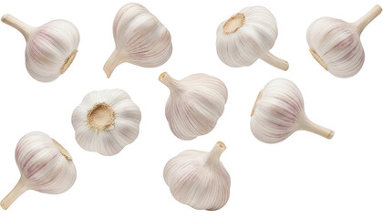 Pile of fresh garlic bulbs isolated on transparent background for design element