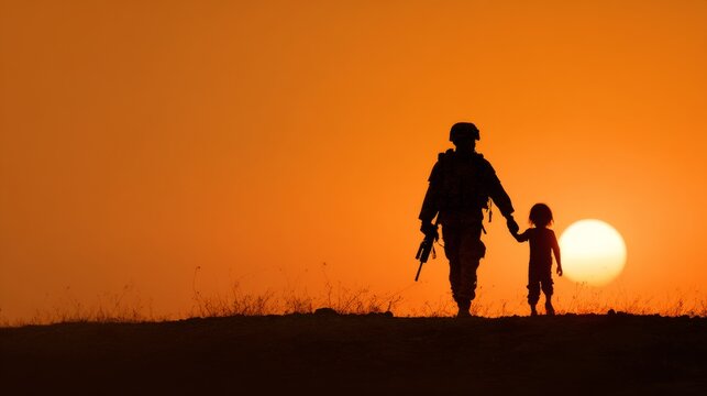 A soldier in silhouette holds hands with a child against a stunning sunset background, evoking themes of protection and innocence.