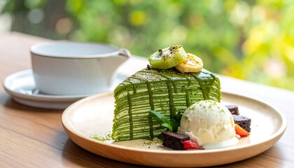 A slice of layered green crepe cake, ice cream, brownie, and fruit on a wooden plate by a cup and window
