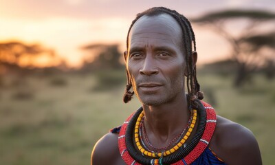 Portrait of an African man with beaded necklace, hair braids, and sunset background